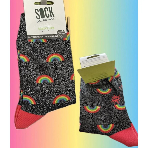 Sock It To Me Black Rainbow Glitter Shimmer Metallic Pride Graphic Crew Socks - Picture 1 of 3